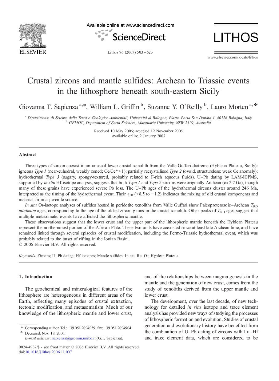 Crustal zircons and mantle sulfides: Archean to Triassic events in the lithosphere beneath south-eastern Sicily