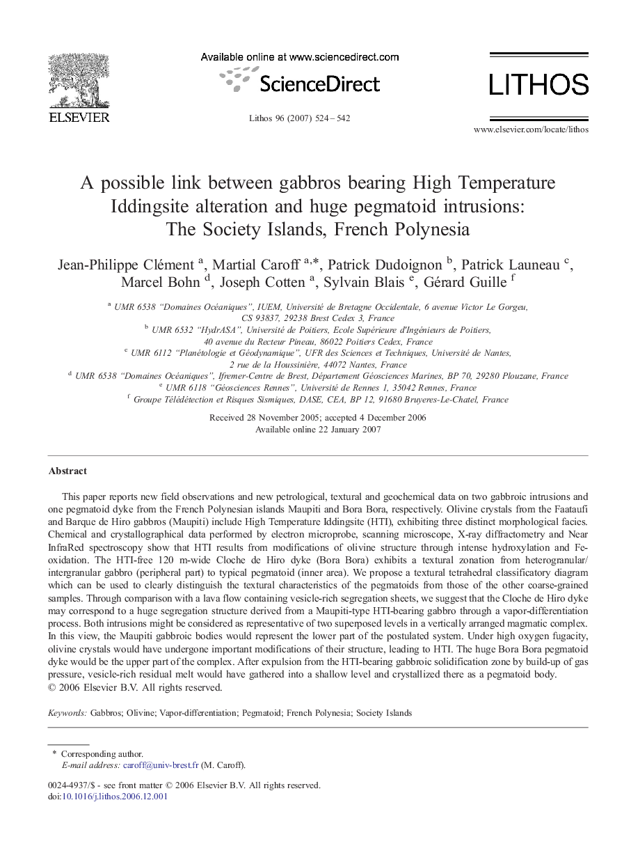 A possible link between gabbros bearing High Temperature Iddingsite alteration and huge pegmatoid intrusions: The Society Islands, French Polynesia