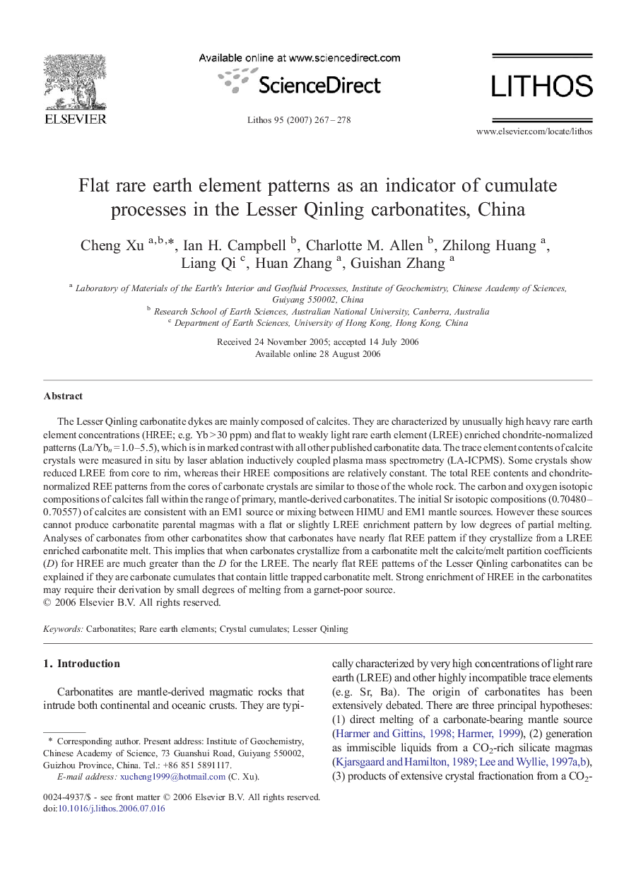 Flat rare earth element patterns as an indicator of cumulate processes in the Lesser Qinling carbonatites, China