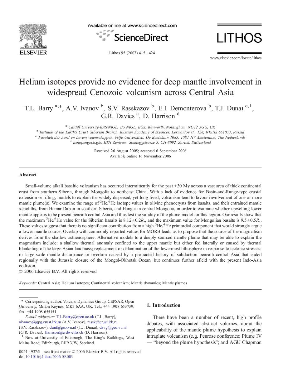 Helium isotopes provide no evidence for deep mantle involvement in widespread Cenozoic volcanism across Central Asia