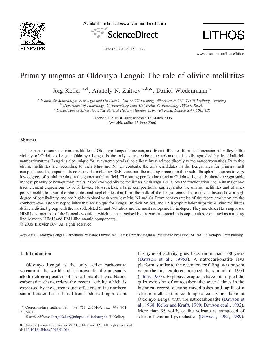 Primary magmas at Oldoinyo Lengai: The role of olivine melilitites