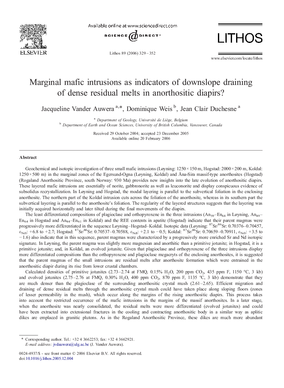 Marginal mafic intrusions as indicators of downslope draining of dense residual melts in anorthositic diapirs?