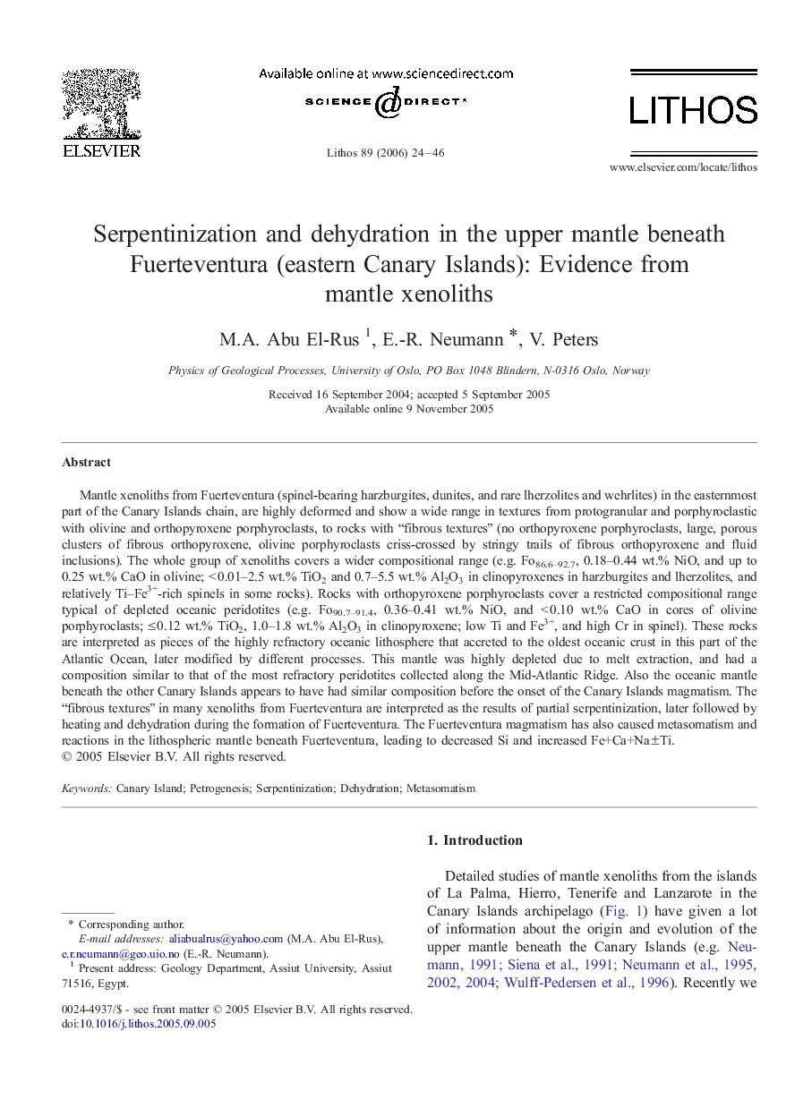 Serpentinization and dehydration in the upper mantle beneath Fuerteventura (eastern Canary Islands): Evidence from mantle xenoliths