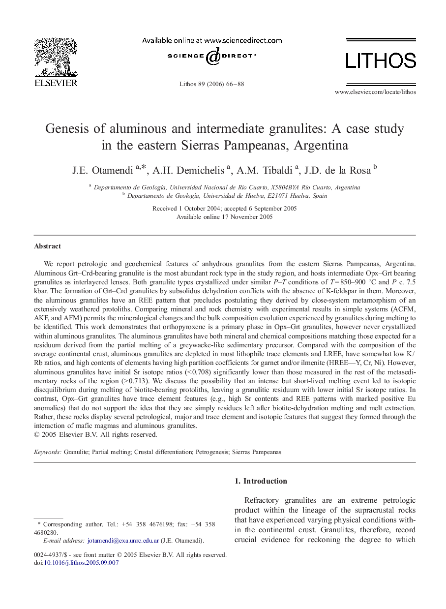 Genesis of aluminous and intermediate granulites: A case study in the eastern Sierras Pampeanas, Argentina