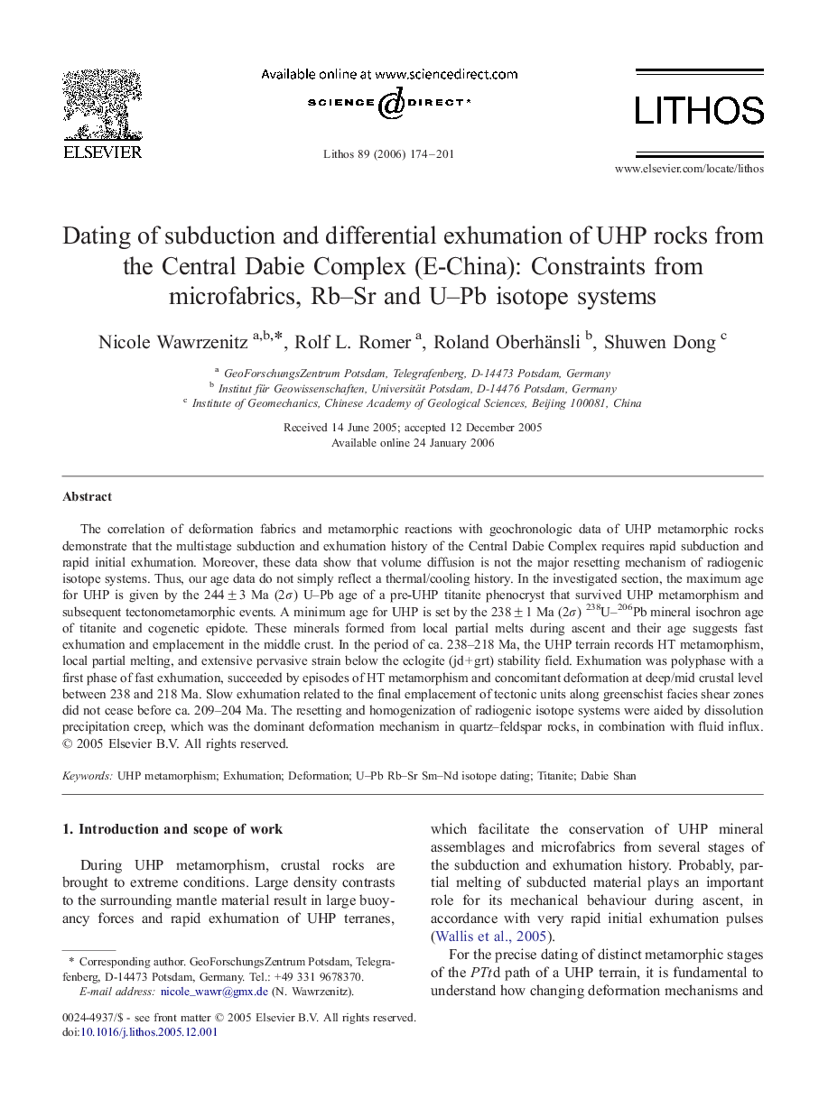 Dating of subduction and differential exhumation of UHP rocks from the Central Dabie Complex (E-China): Constraints from microfabrics, Rb–Sr and U–Pb isotope systems