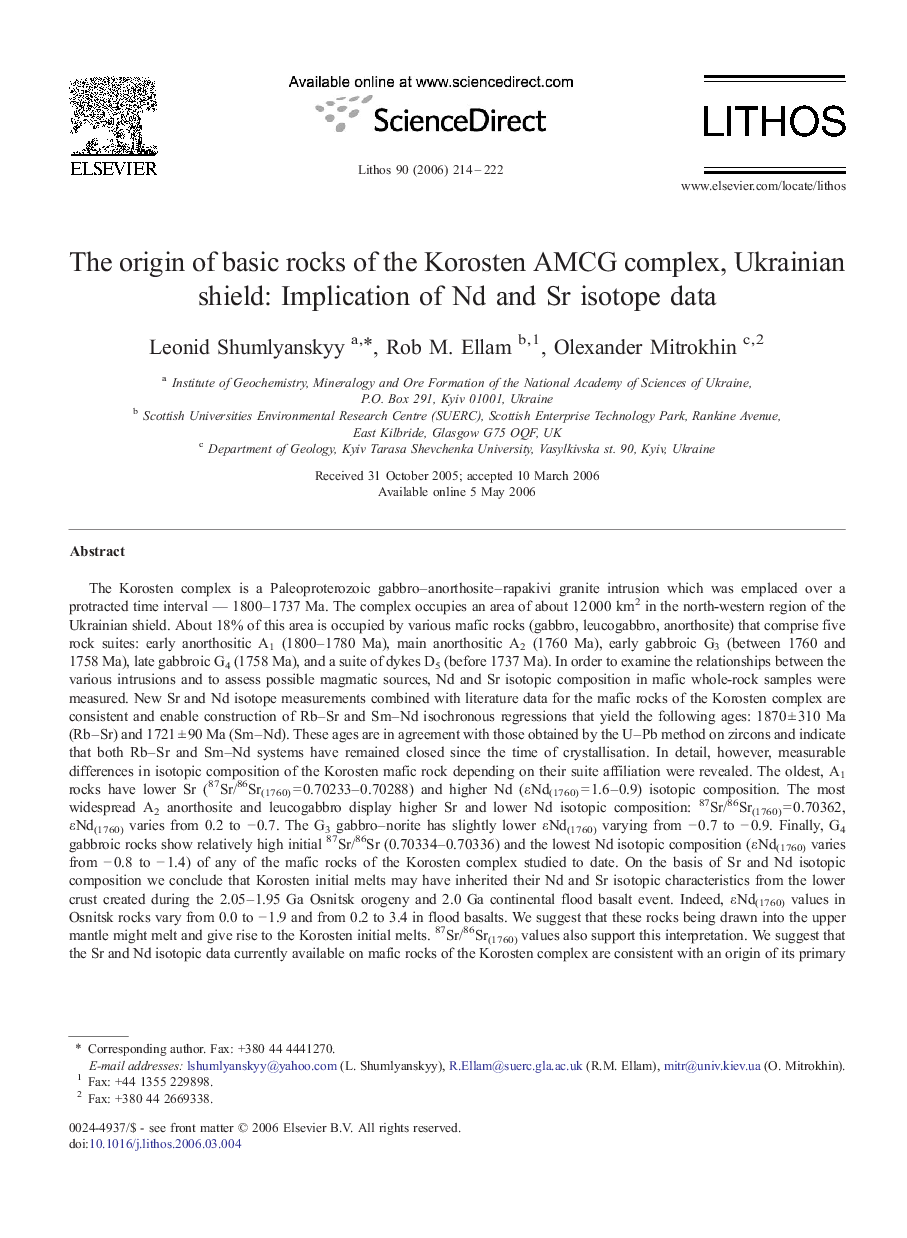 The origin of basic rocks of the Korosten AMCG complex, Ukrainian shield: Implication of Nd and Sr isotope data