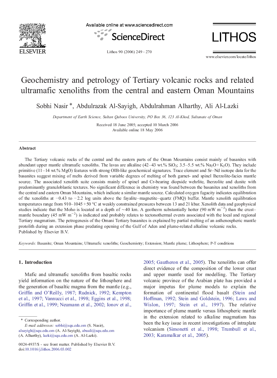 Geochemistry and petrology of Tertiary volcanic rocks and related ultramafic xenoliths from the central and eastern Oman Mountains