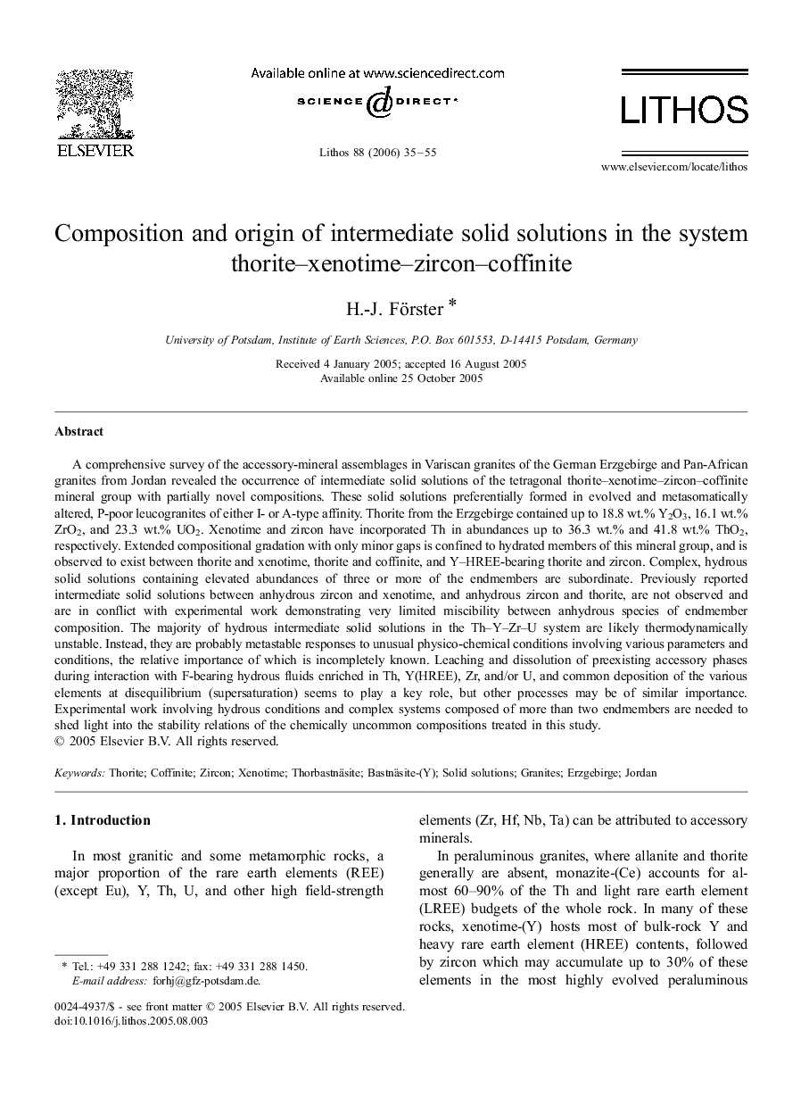 Composition and origin of intermediate solid solutions in the system thorite–xenotime–zircon–coffinite