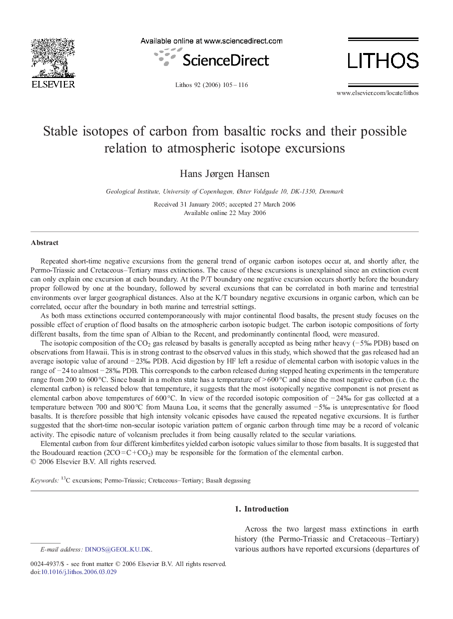 Stable isotopes of carbon from basaltic rocks and their possible relation to atmospheric isotope excursions