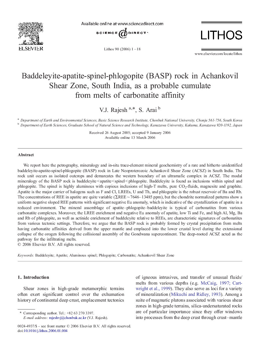 Baddeleyite-apatite-spinel-phlogopite (BASP) rock in Achankovil Shear Zone, South India, as a probable cumulate from melts of carbonatite affinity