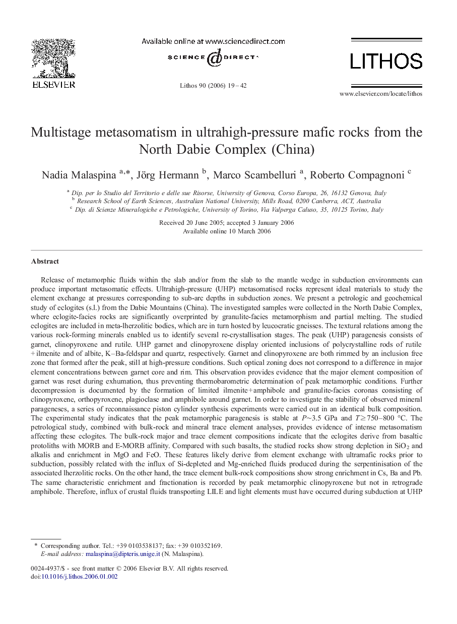 Multistage metasomatism in ultrahigh-pressure mafic rocks from the North Dabie Complex (China)