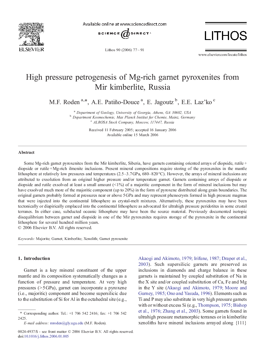 High pressure petrogenesis of Mg-rich garnet pyroxenites from Mir kimberlite, Russia