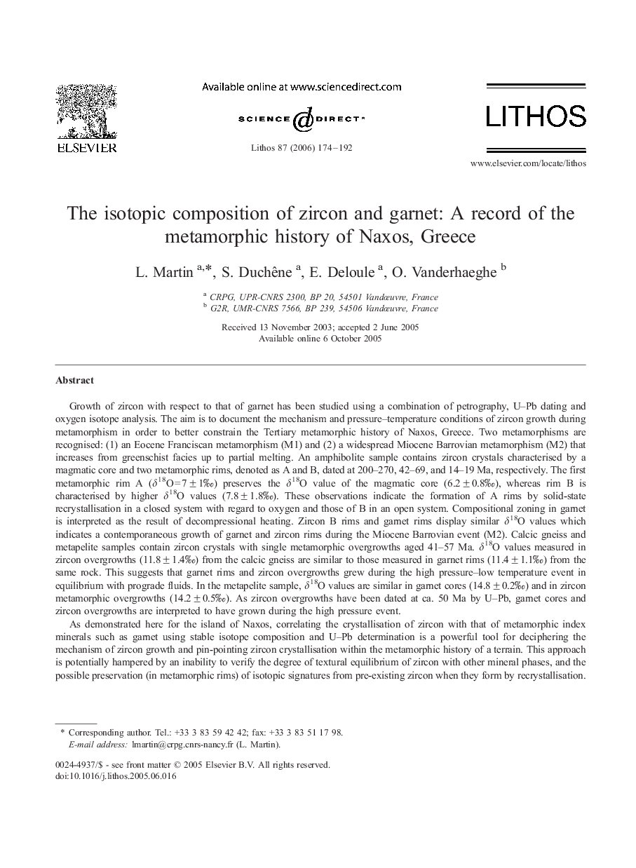 The isotopic composition of zircon and garnet: A record of the metamorphic history of Naxos, Greece