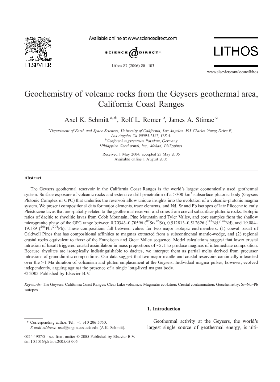 Geochemistry of volcanic rocks from the Geysers geothermal area, California Coast Ranges