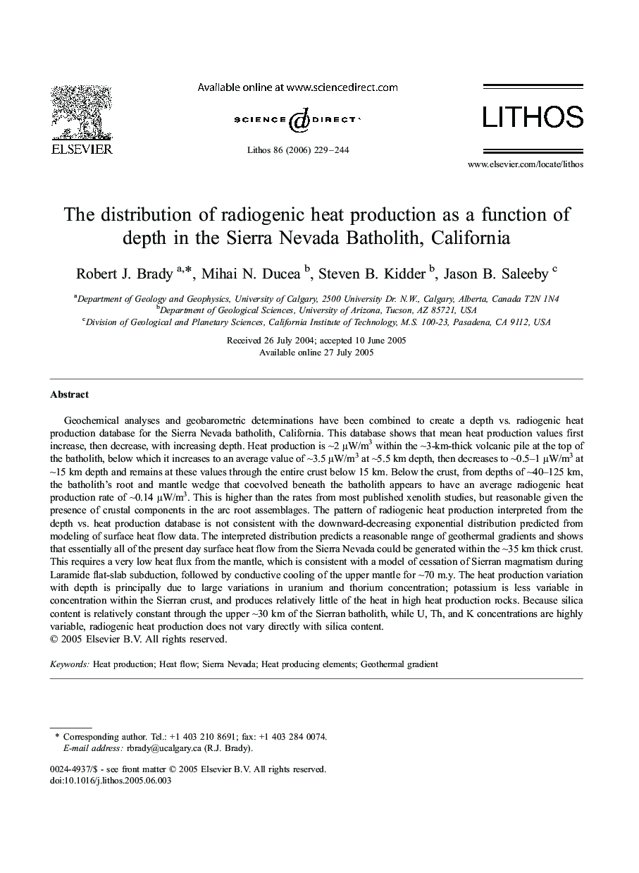 The distribution of radiogenic heat production as a function of depth in the Sierra Nevada Batholith, California