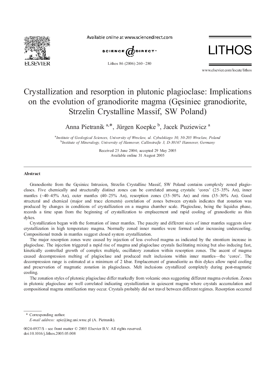 Crystallization and resorption in plutonic plagioclase: Implications on the evolution of granodiorite magma (Gęsiniec granodiorite, Strzelin Crystalline Massif, SW Poland)