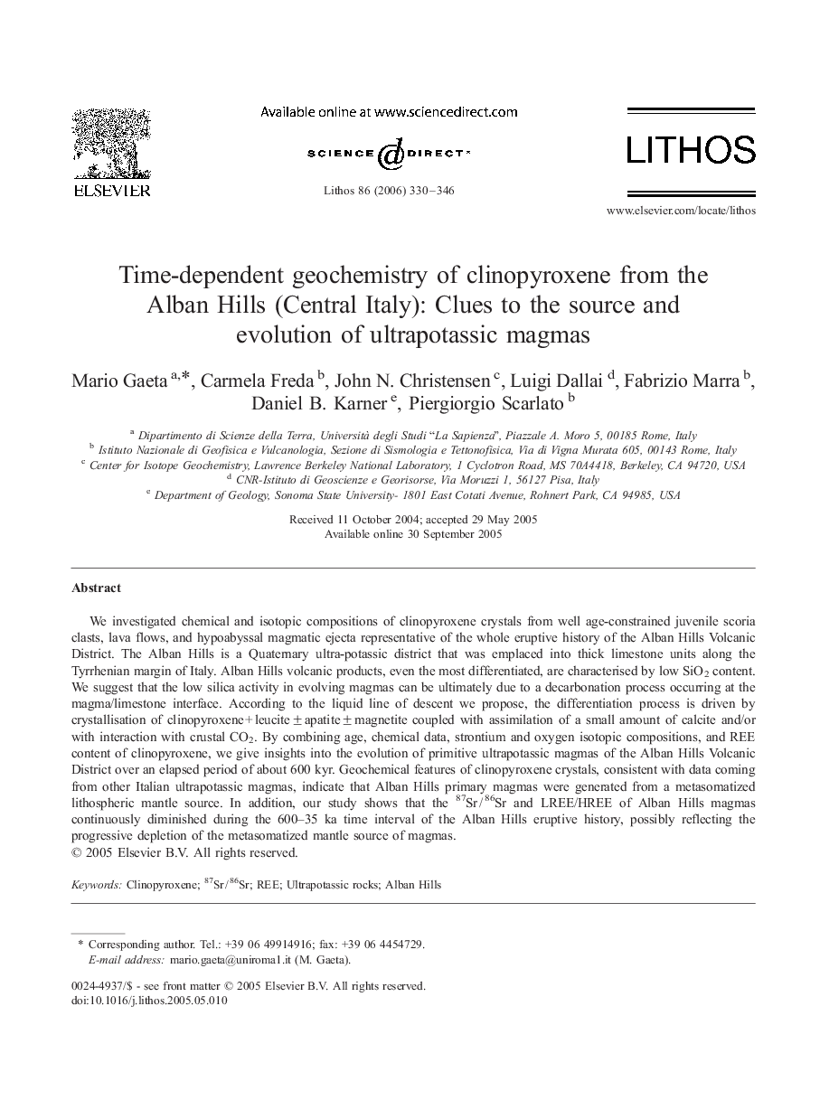 Time-dependent geochemistry of clinopyroxene from the Alban Hills (Central Italy): Clues to the source and evolution of ultrapotassic magmas