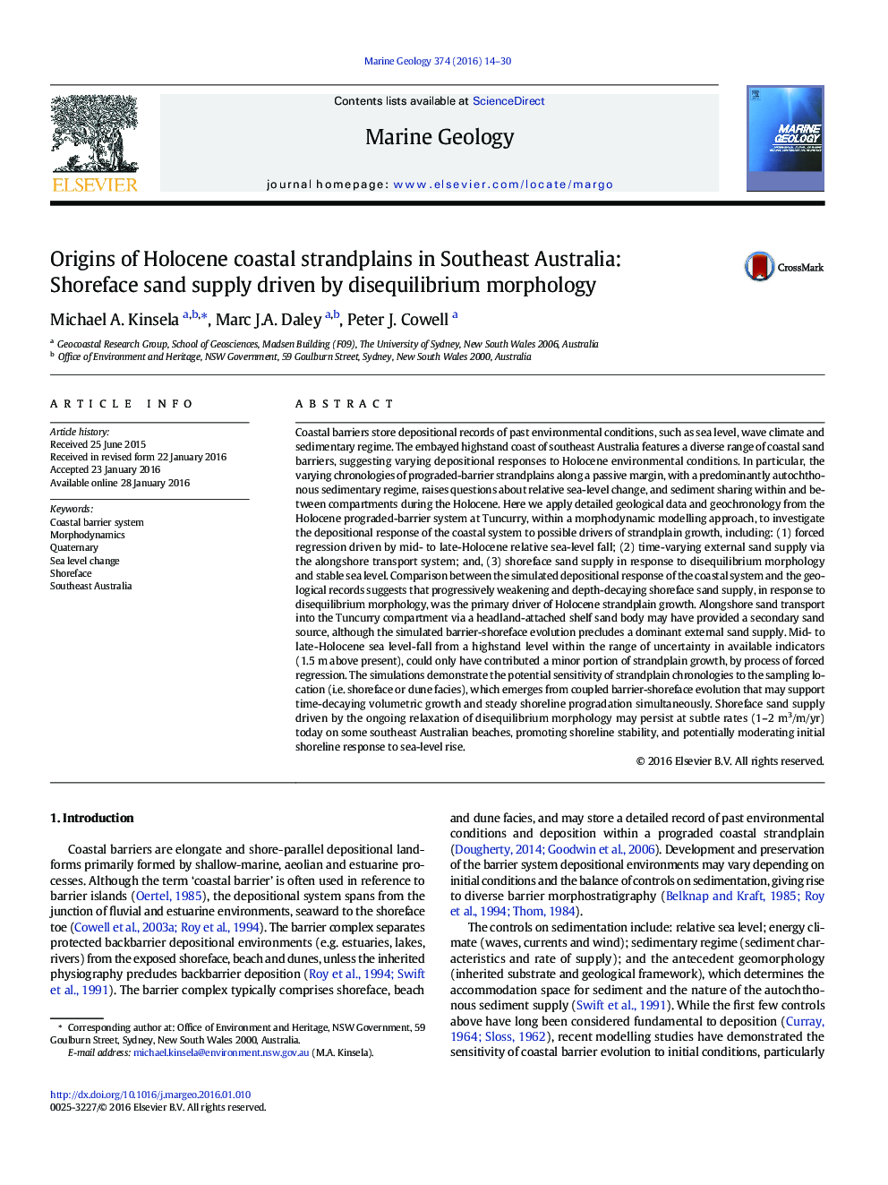 ریشه های رشته های ساحلی هولوسن در جنوب شرقی استرالیا: تامین شن و ماسه های ماسه ای ناشی از مورفولوژی ناپیوستگی 