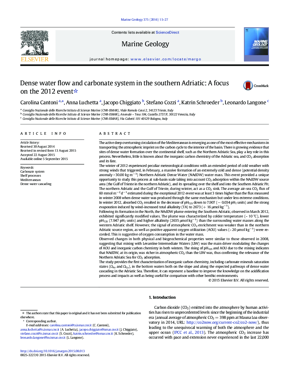 Dense water flow and carbonate system in the southern Adriatic: A focus on the 2012 event 