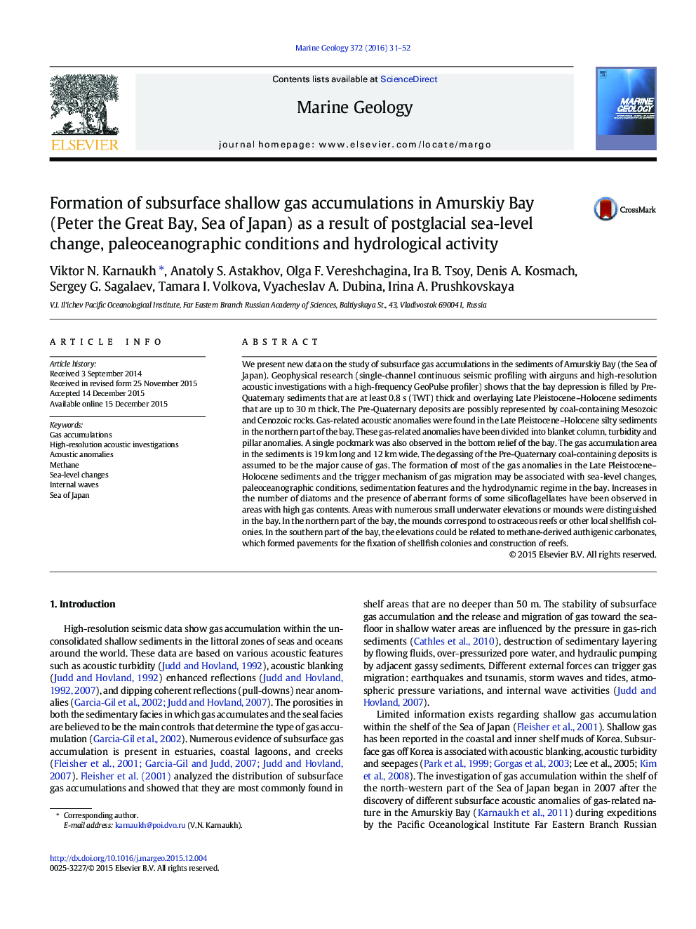 Formation of subsurface shallow gas accumulations in Amurskiy Bay (Peter the Great Bay, Sea of Japan) as a result of postglacial sea-level change, paleoceanographic conditions and hydrological activity