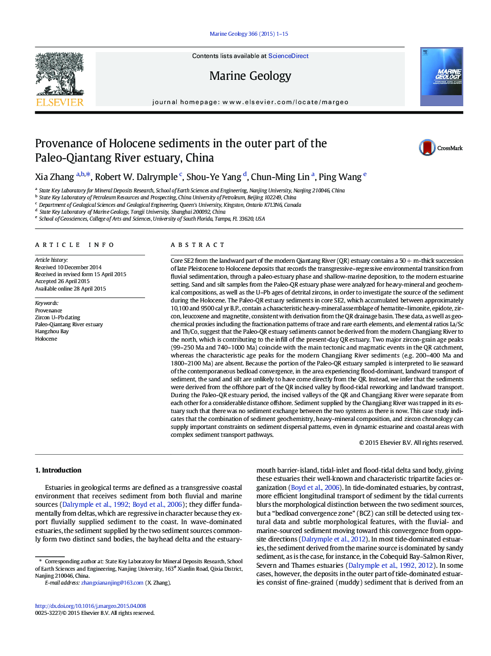 Provenance of Holocene sediments in the outer part of the Paleo-Qiantang River estuary, China