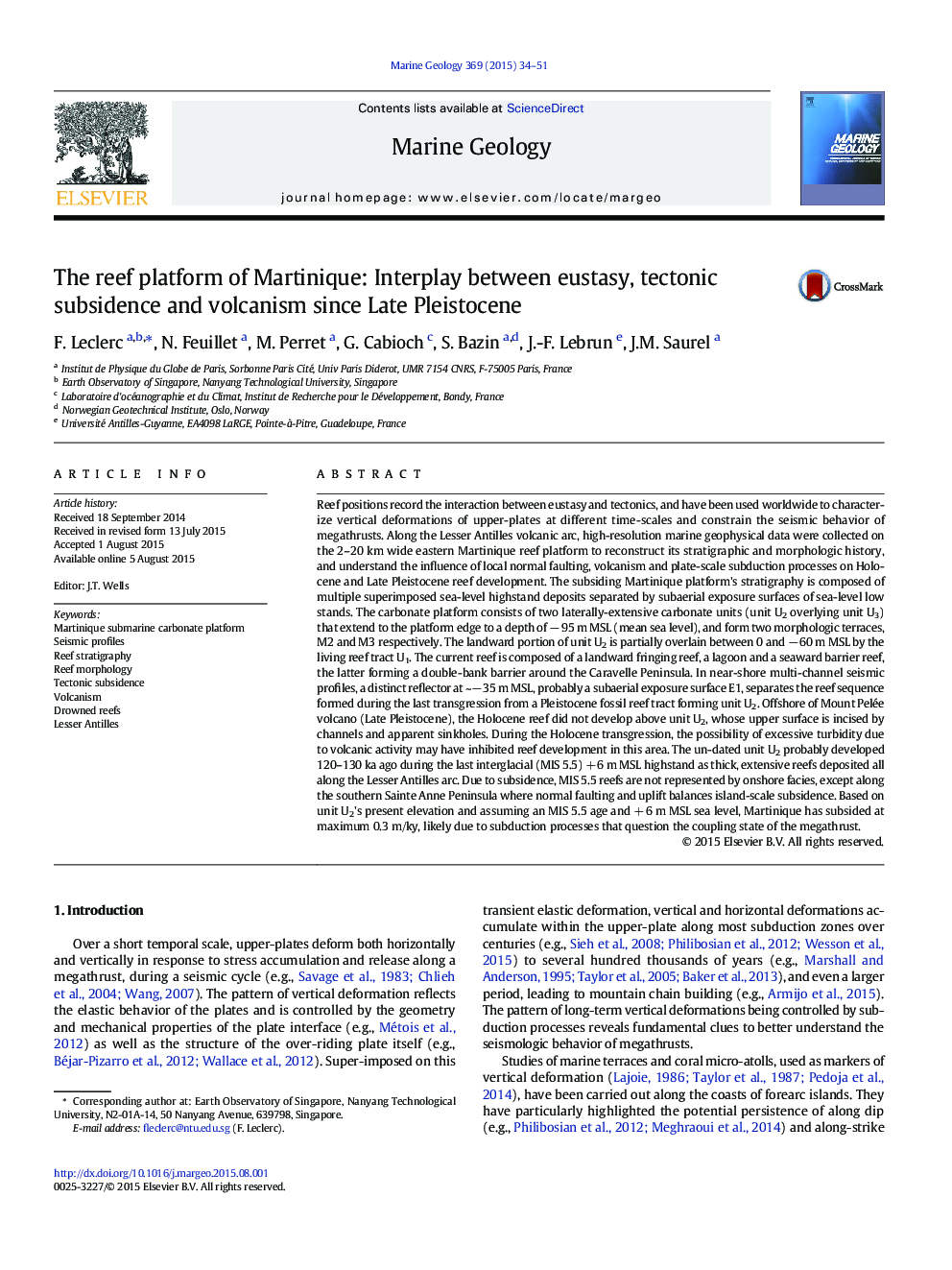 The reef platform of Martinique: Interplay between eustasy, tectonic subsidence and volcanism since Late Pleistocene