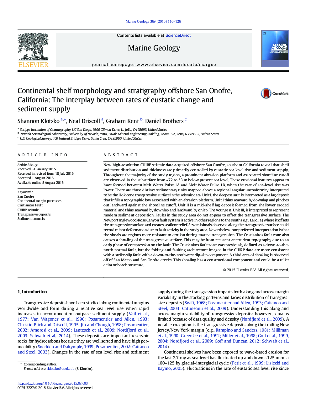 Continental shelf morphology and stratigraphy offshore San Onofre, California: The interplay between rates of eustatic change and sediment supply