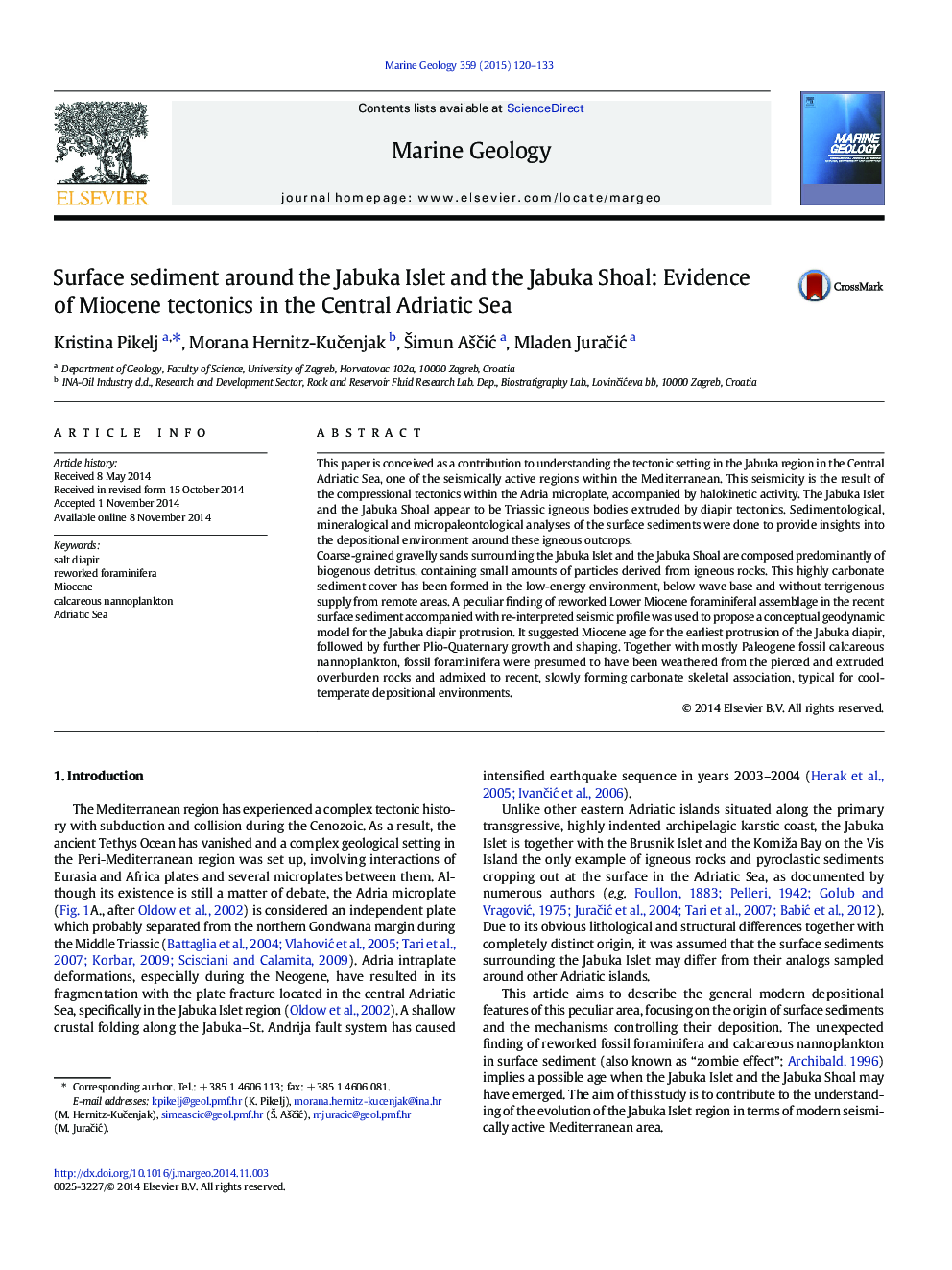 Surface sediment around the Jabuka Islet and the Jabuka Shoal: Evidence of Miocene tectonics in the Central Adriatic Sea