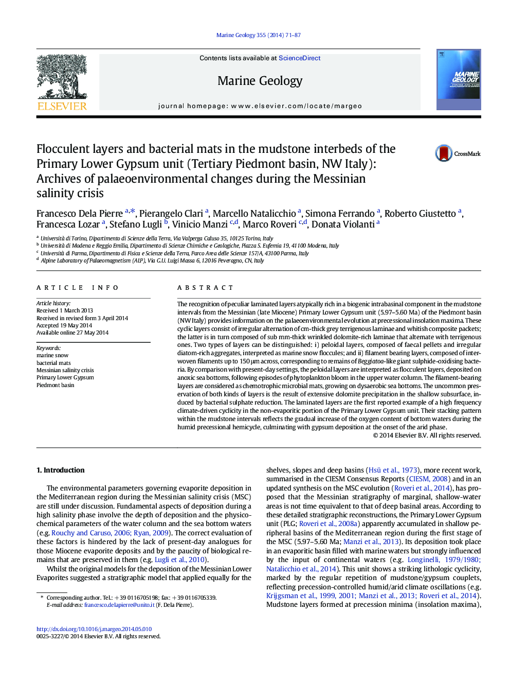 Flocculent layers and bacterial mats in the mudstone interbeds of the Primary Lower Gypsum unit (Tertiary Piedmont basin, NW Italy): Archives of palaeoenvironmental changes during the Messinian salinity crisis