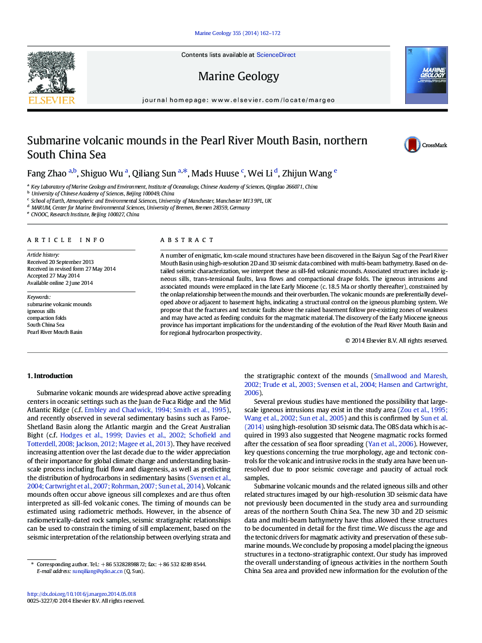 Submarine volcanic mounds in the Pearl River Mouth Basin, northern South China Sea