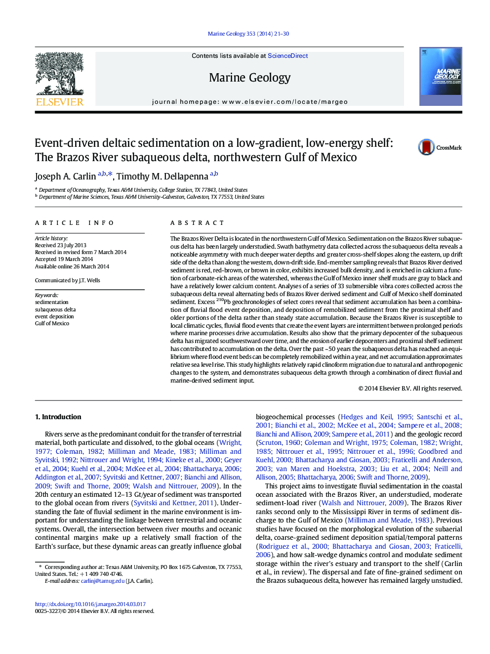 Event-driven deltaic sedimentation on a low-gradient, low-energy shelf: The Brazos River subaqueous delta, northwestern Gulf of Mexico
