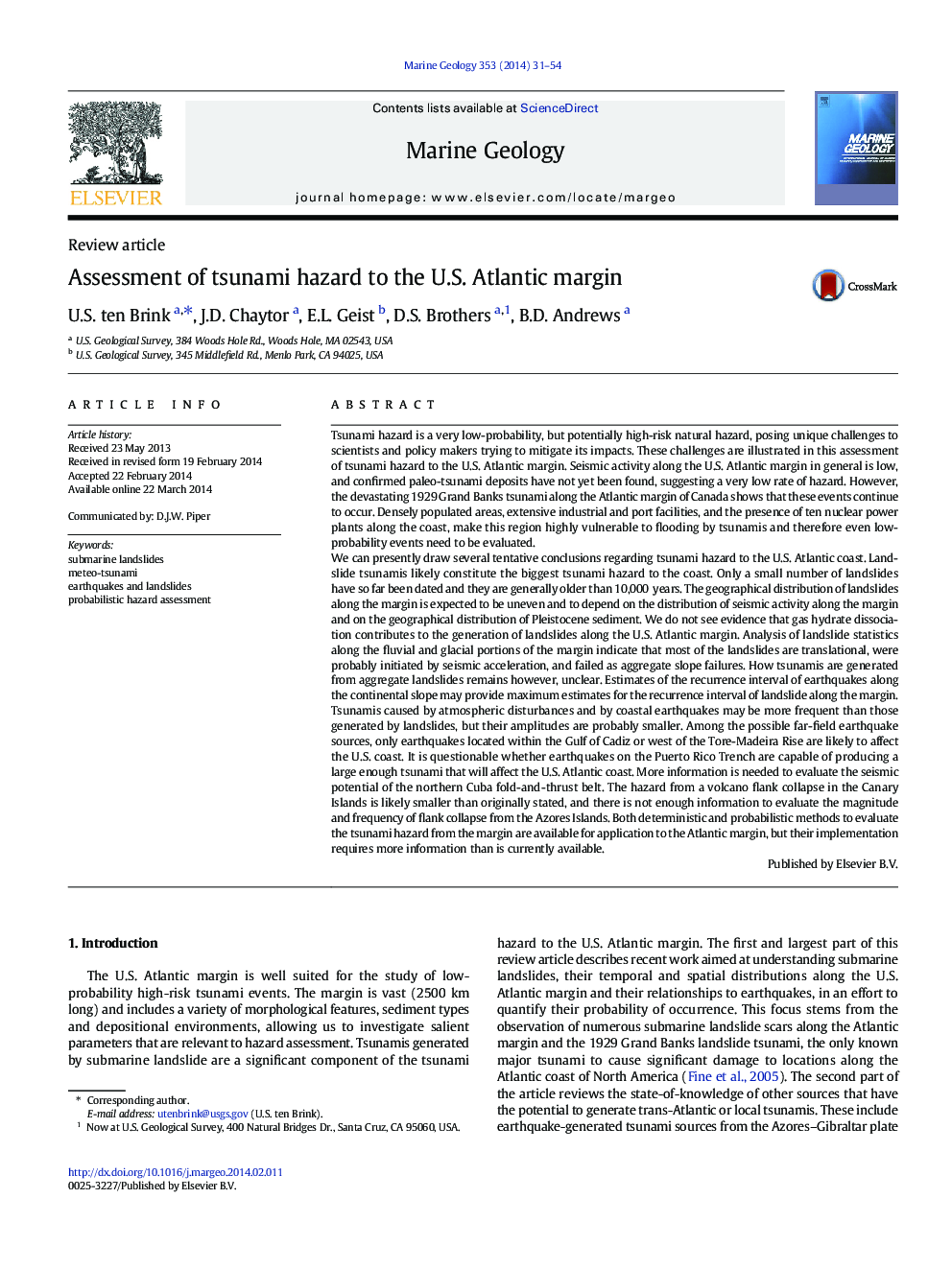 Assessment of tsunami hazard to the U.S. Atlantic margin