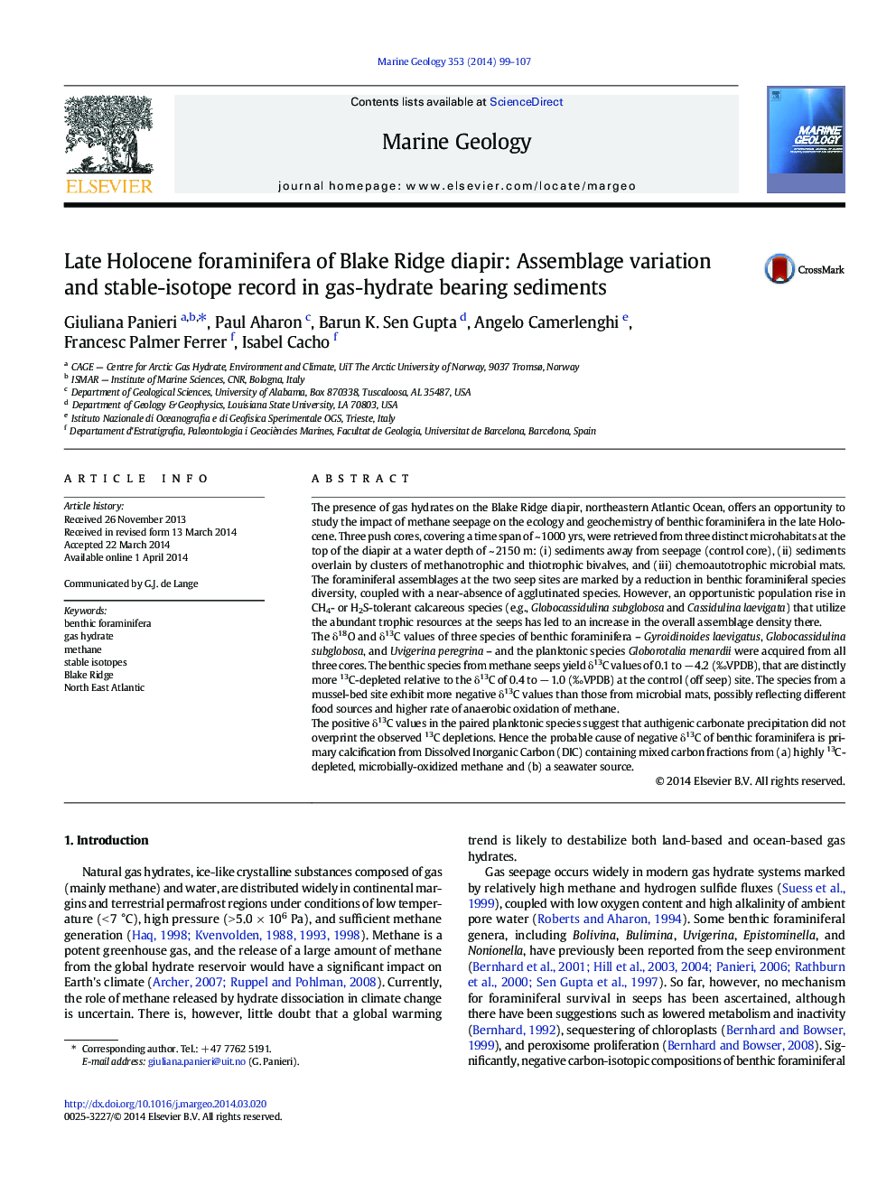 Late Holocene foraminifera of Blake Ridge diapir: Assemblage variation and stable-isotope record in gas-hydrate bearing sediments