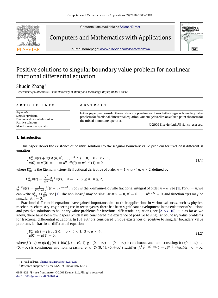 Positive solutions to singular boundary value problem for nonlinear fractional differential equation