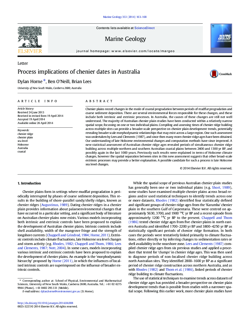 Process implications of chenier dates in Australia