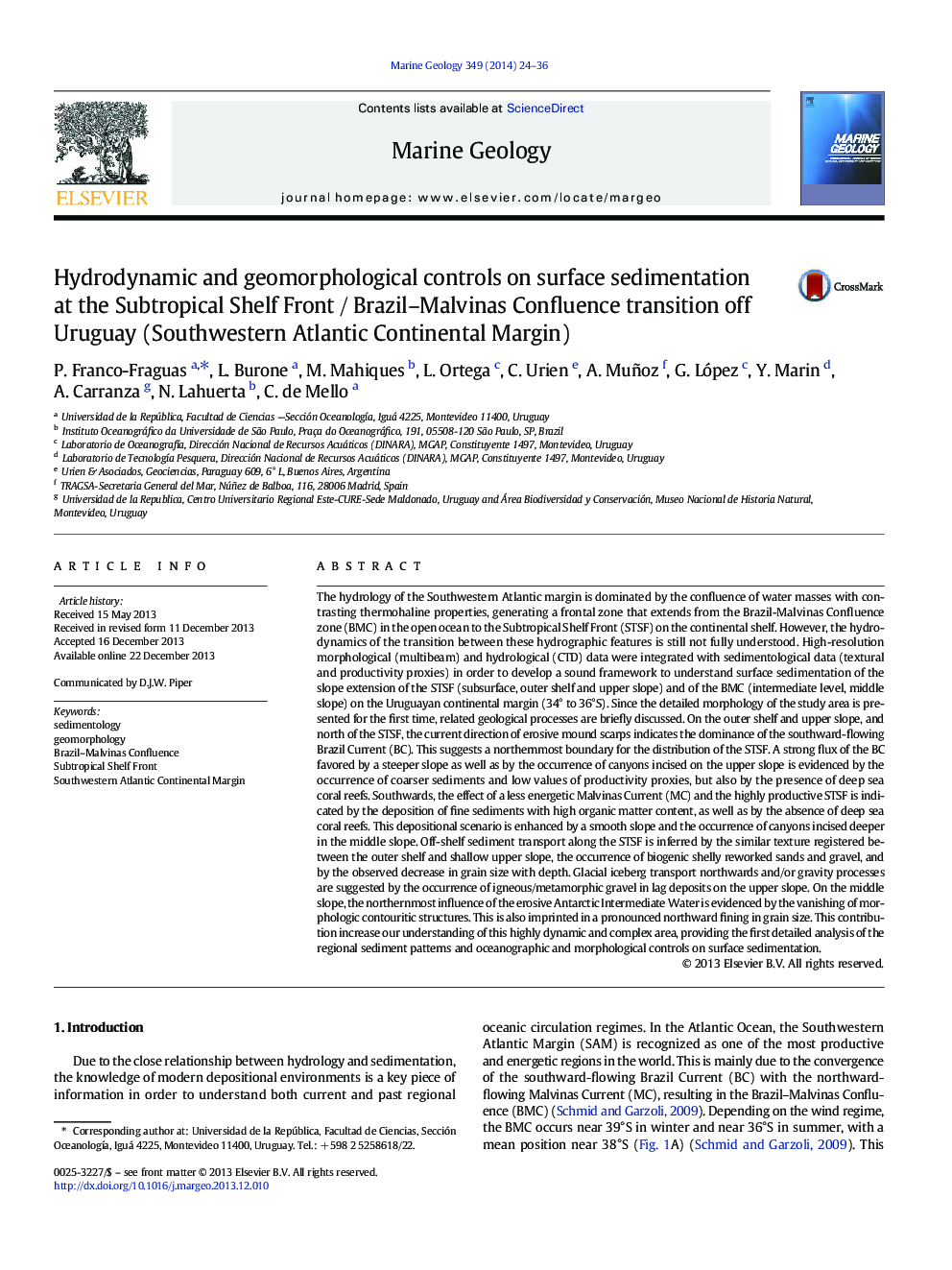 Hydrodynamic and geomorphological controls on surface sedimentation at the Subtropical Shelf Front / Brazil–Malvinas Confluence transition off Uruguay (Southwestern Atlantic Continental Margin)