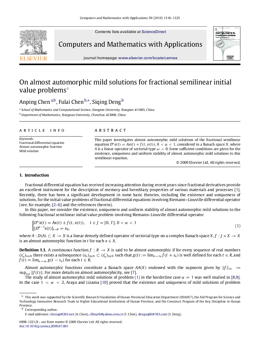 عکس صفحه اول مقاله: On almost automorphic mild solutions for fractional semilinear initial value problems On almost automorphic mild solutions for fractional semilinear initial value problems