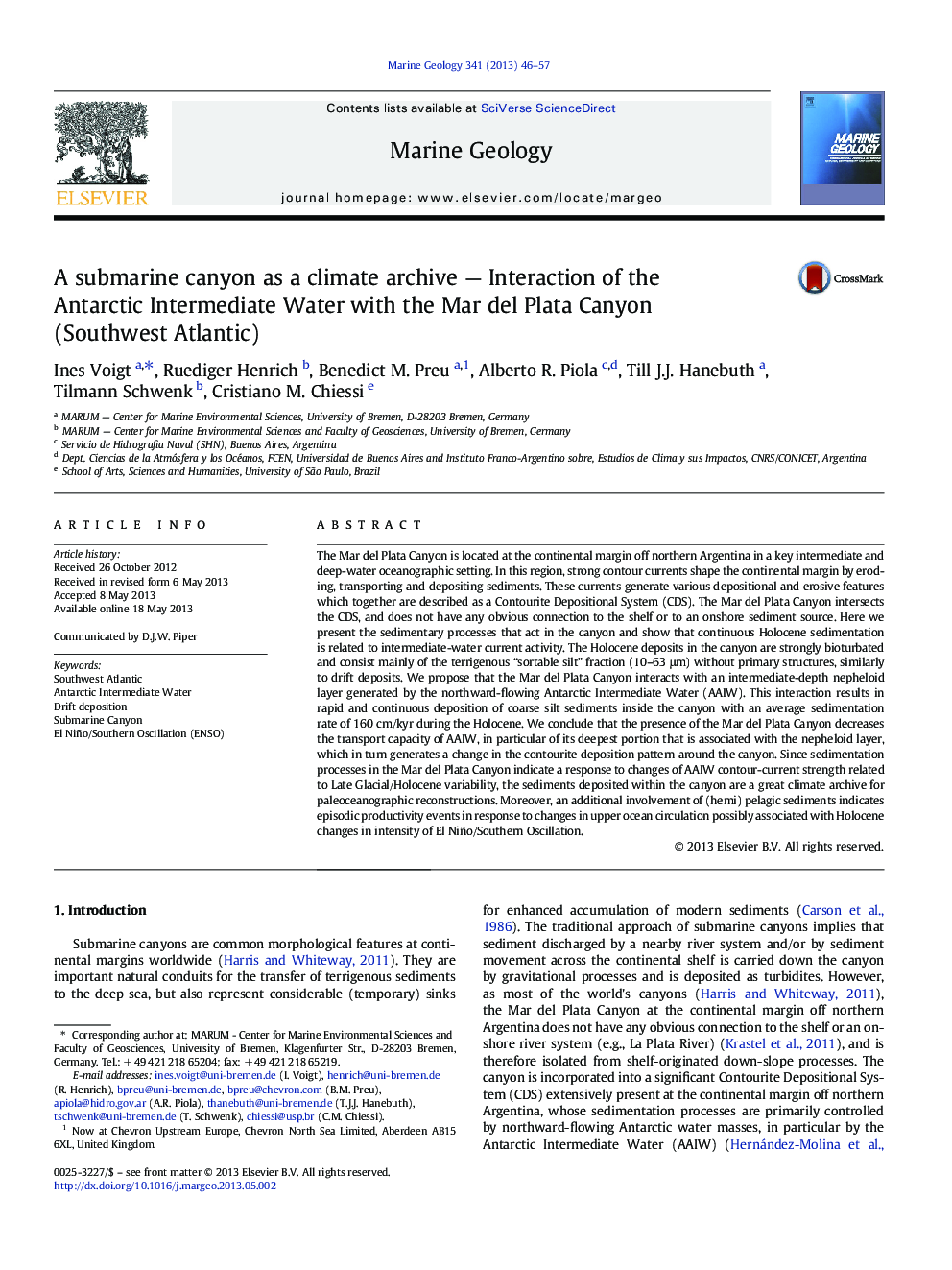 A submarine canyon as a climate archive — Interaction of the Antarctic Intermediate Water with the Mar del Plata Canyon (Southwest Atlantic)