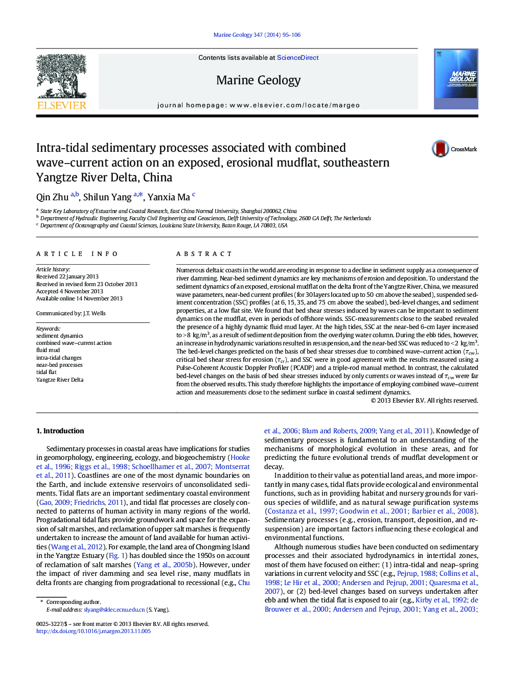 Intra-tidal sedimentary processes associated with combined wave–current action on an exposed, erosional mudflat, southeastern Yangtze River Delta, China