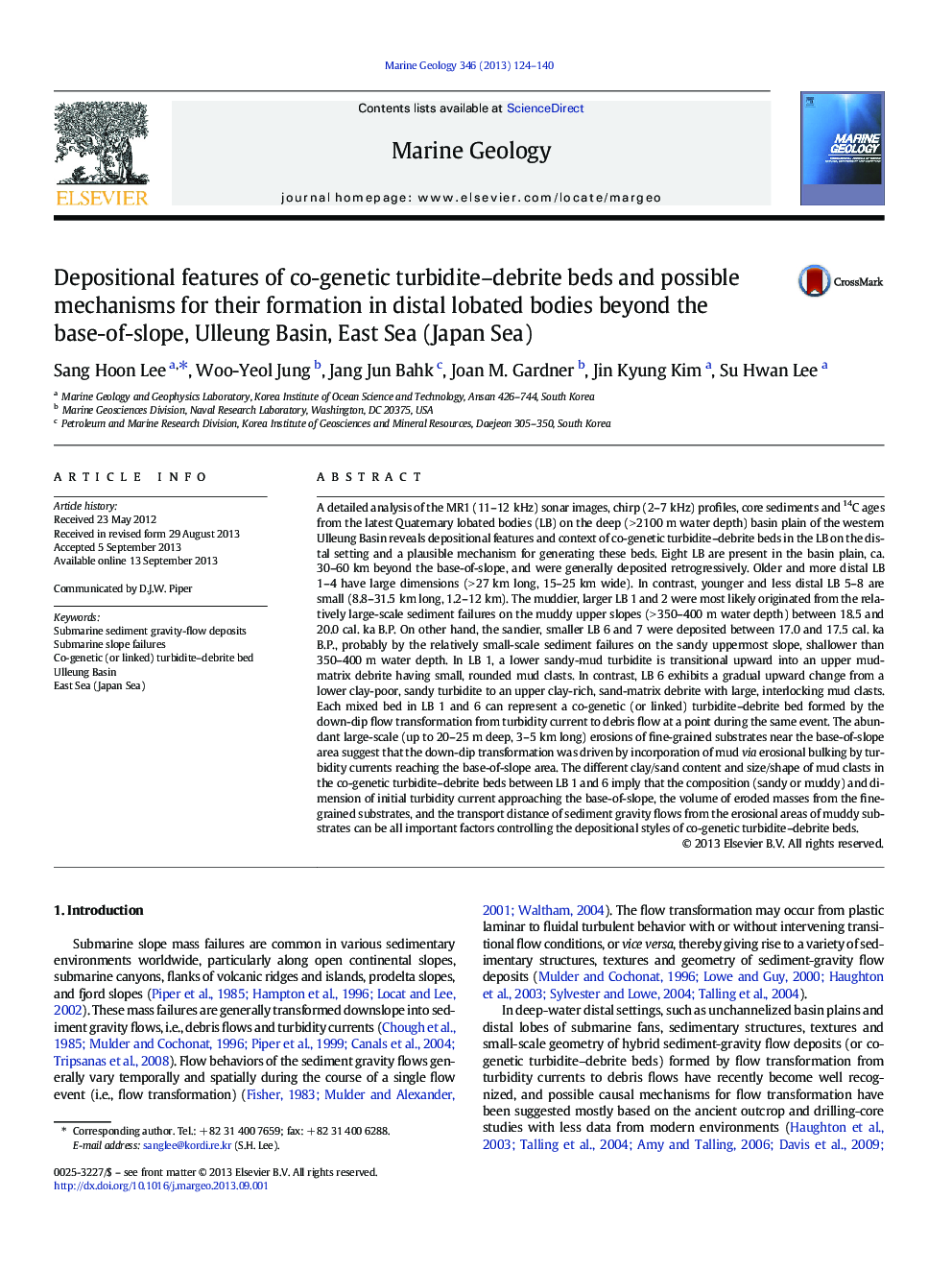 Depositional features of co-genetic turbidite–debrite beds and possible mechanisms for their formation in distal lobated bodies beyond the base-of-slope, Ulleung Basin, East Sea (Japan Sea)