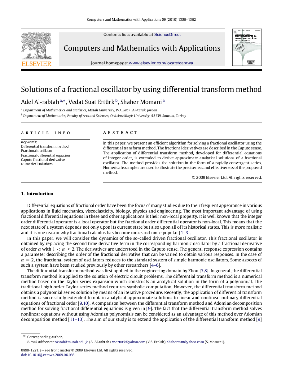 Solutions of a fractional oscillator by using differential transform method