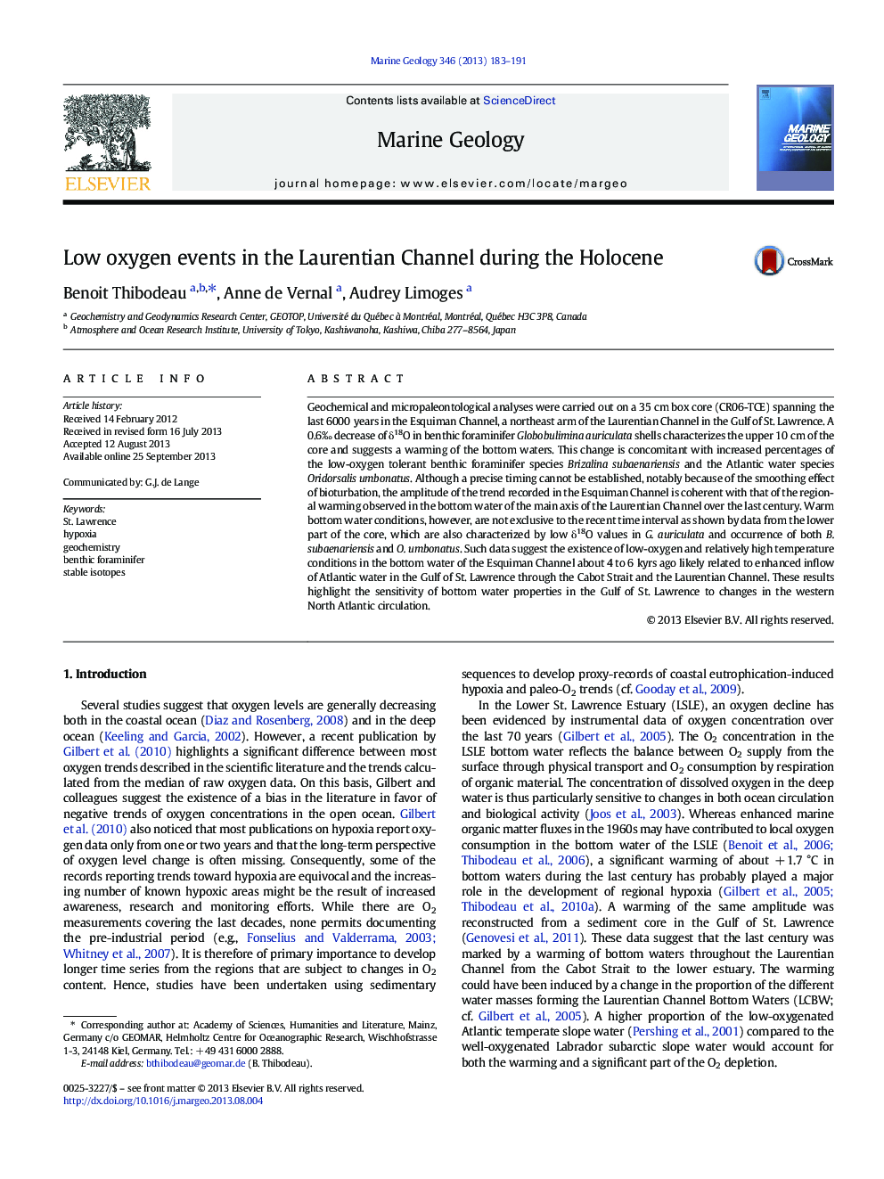 Low oxygen events in the Laurentian Channel during the Holocene