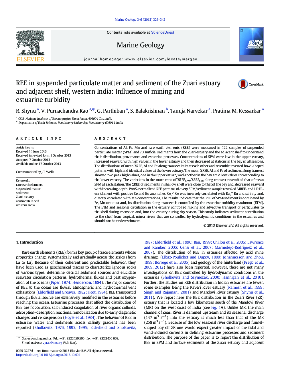 REE in suspended particulate matter and sediment of the Zuari estuary and adjacent shelf, western India: Influence of mining and estuarine turbidity