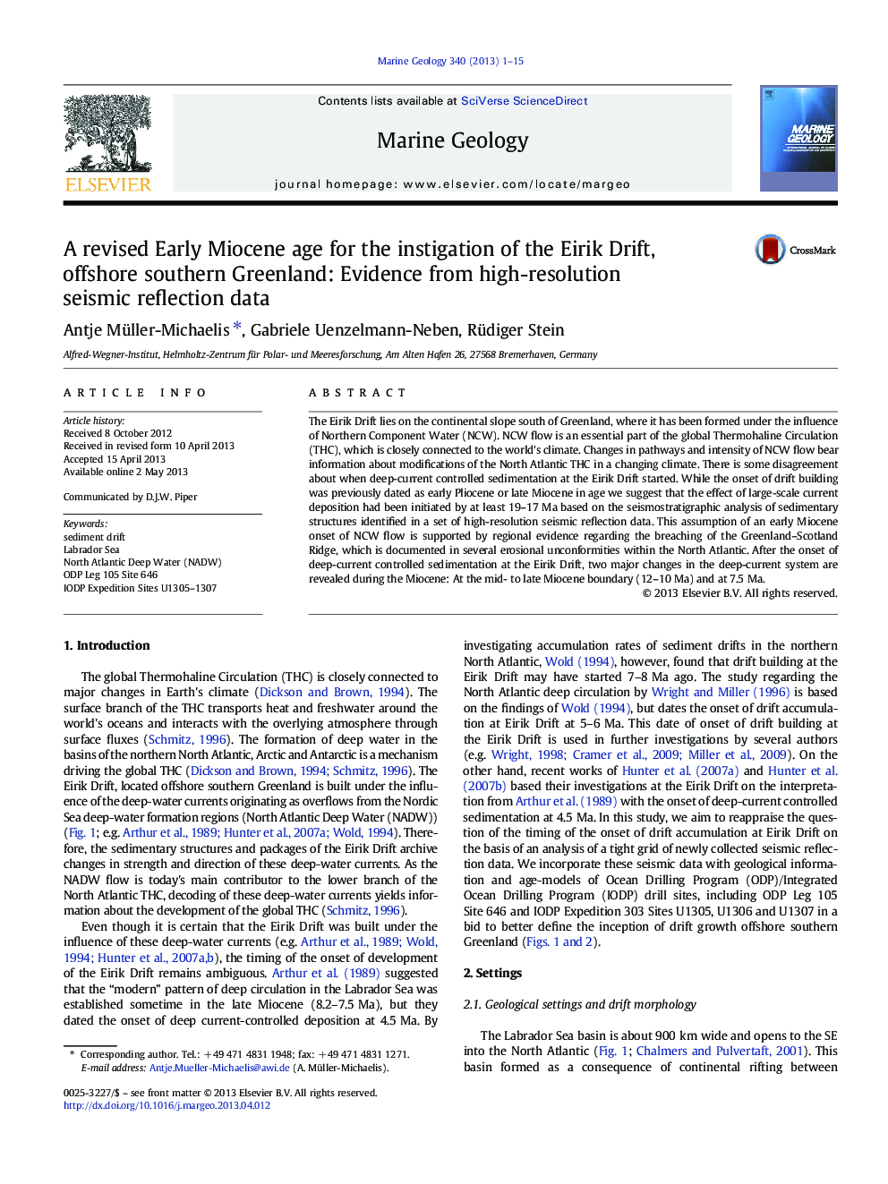 A revised Early Miocene age for the instigation of the Eirik Drift, offshore southern Greenland: Evidence from high-resolution seismic reflection data