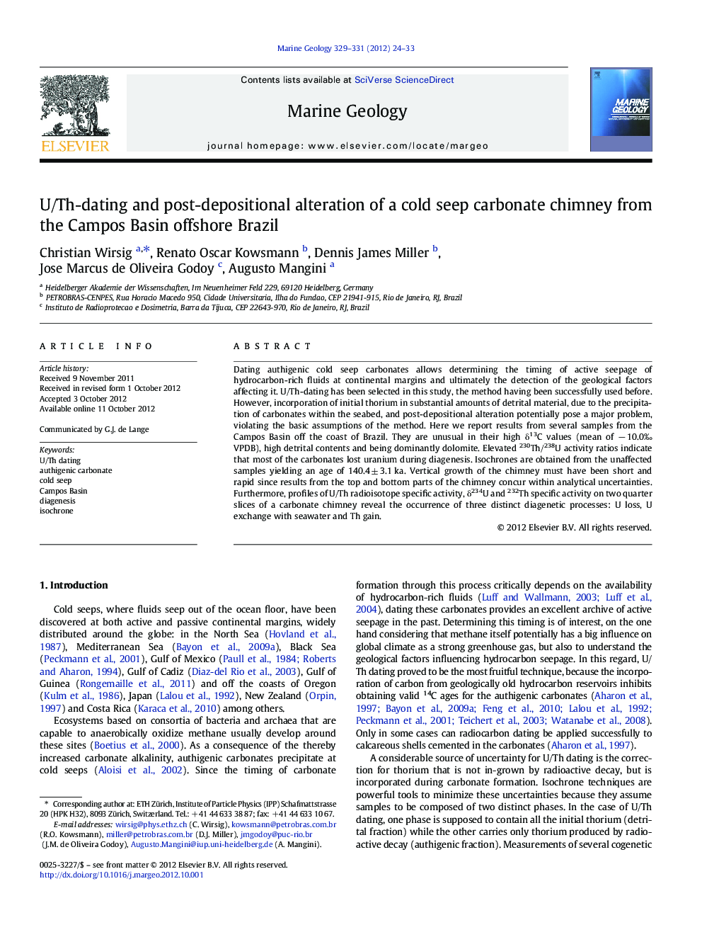 U/Th-dating and post-depositional alteration of a cold seep carbonate chimney from the Campos Basin offshore Brazil