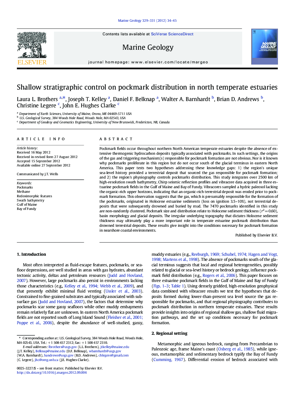 Shallow stratigraphic control on pockmark distribution in north temperate estuaries