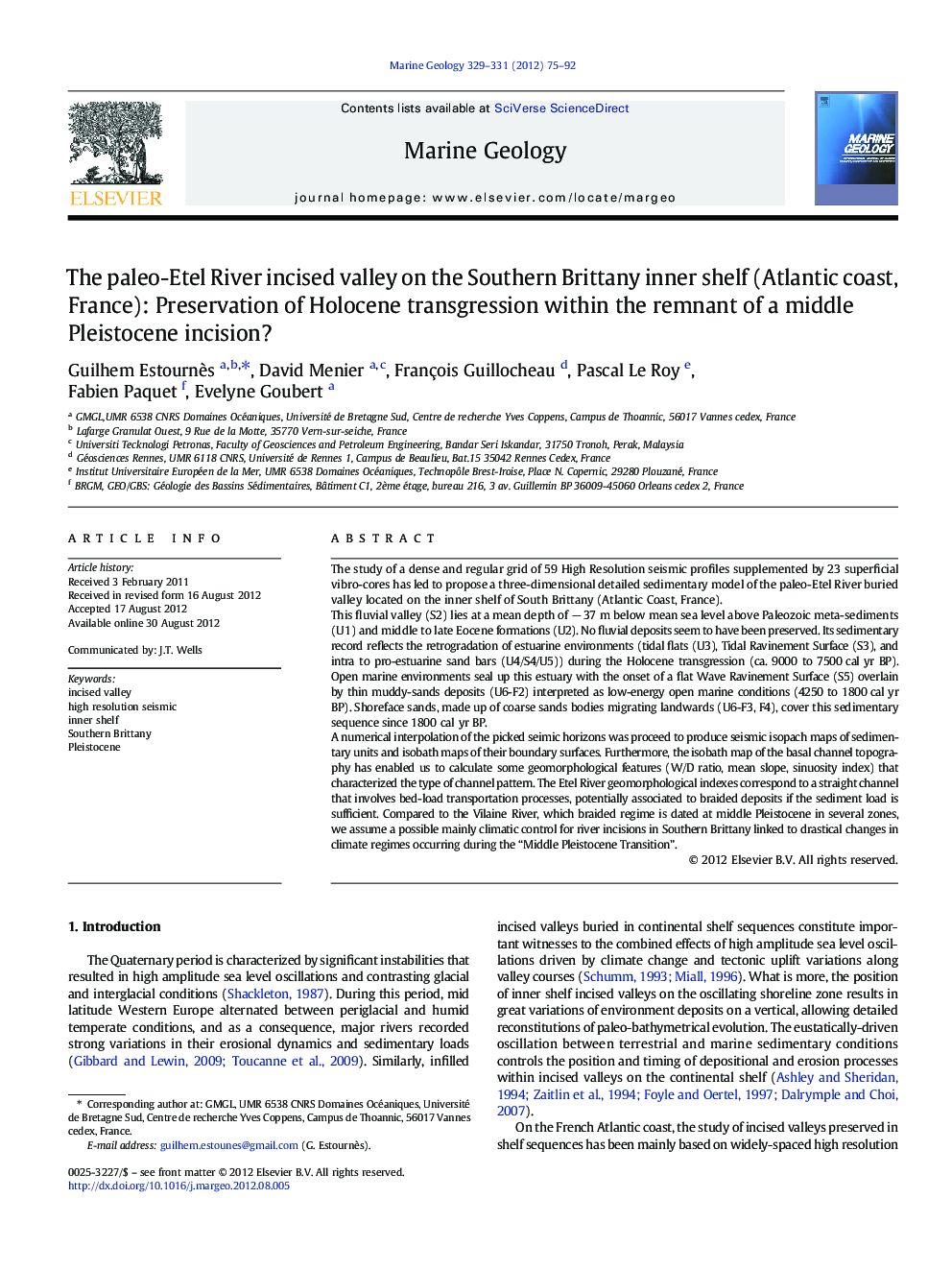 The paleo-Etel River incised valley on the Southern Brittany inner shelf (Atlantic coast, France): Preservation of Holocene transgression within the remnant of a middle Pleistocene incision?