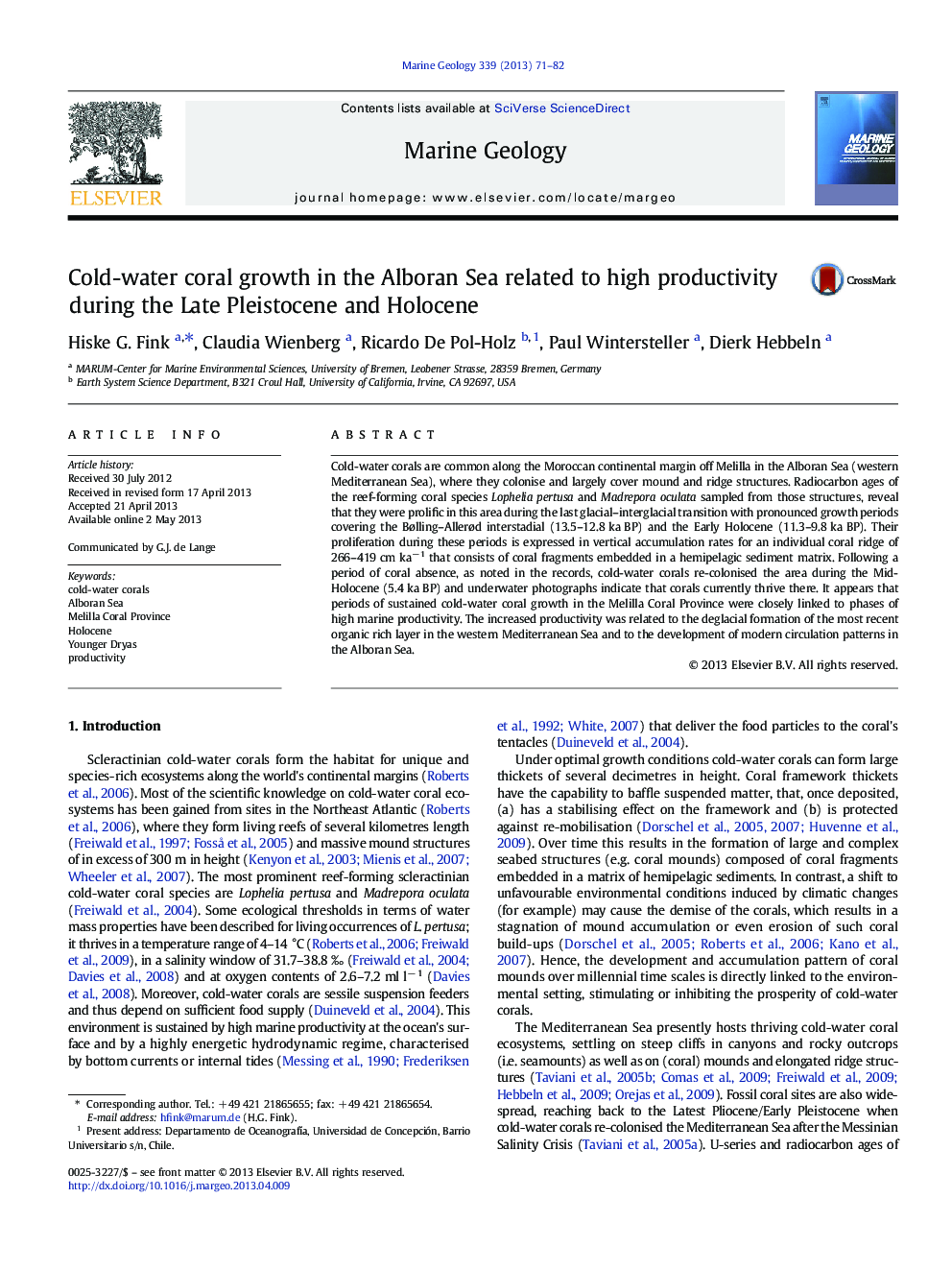 Cold-water coral growth in the Alboran Sea related to high productivity during the Late Pleistocene and Holocene