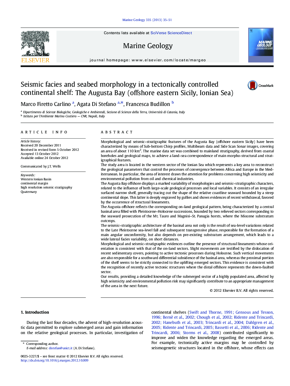 Seismic facies and seabed morphology in a tectonically controlled continental shelf: The Augusta Bay (offshore eastern Sicily, Ionian Sea)