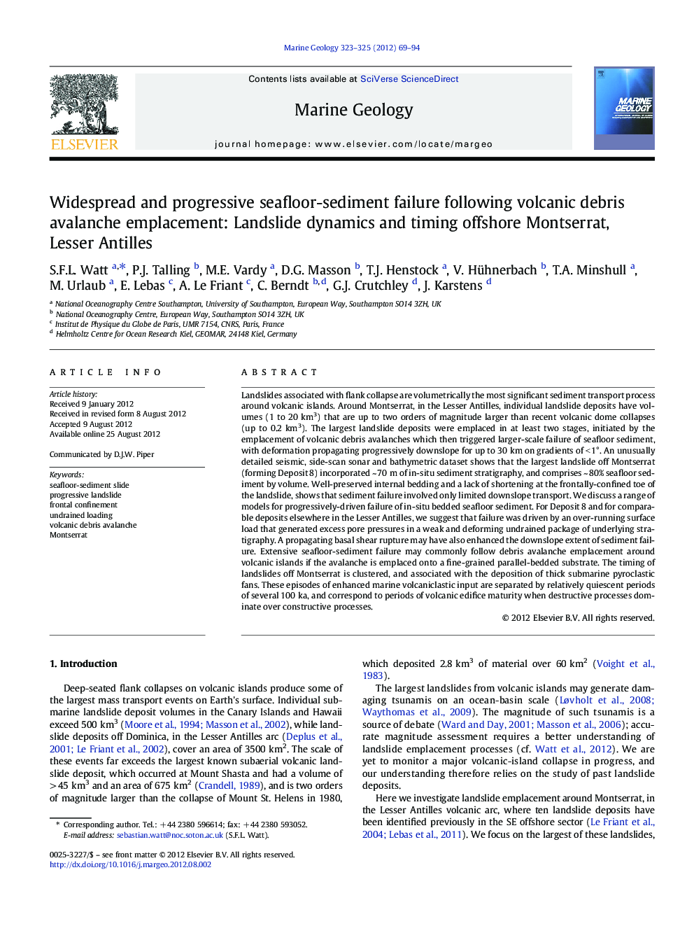 Widespread and progressive seafloor-sediment failure following volcanic debris avalanche emplacement: Landslide dynamics and timing offshore Montserrat, Lesser Antilles